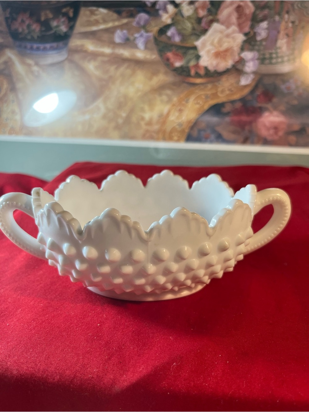 White Hobnail Milk Glass Decorative Bowl with Handles